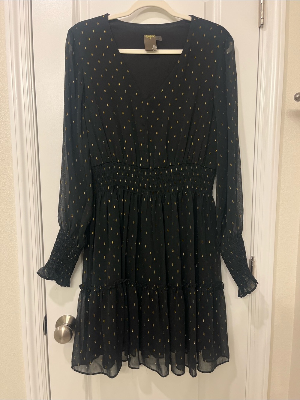 Taylor Black Long-Sleeve Smocked Waist Dress with Gold Dots V Neck Sz 14